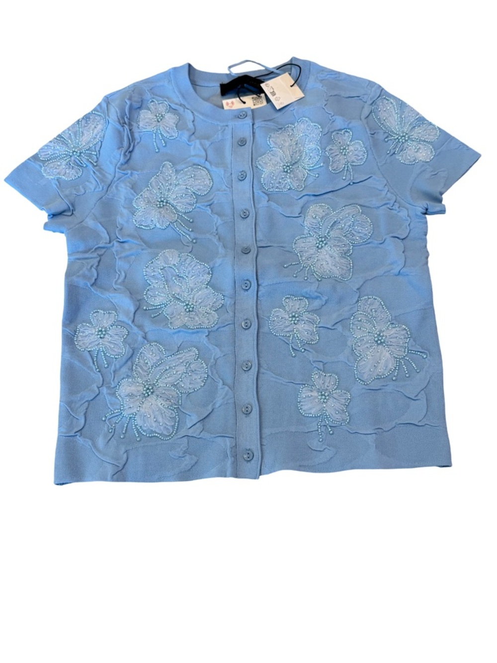 Zara Cardigan Sweater Womens M Blue Floral Beaded Embroidered Button